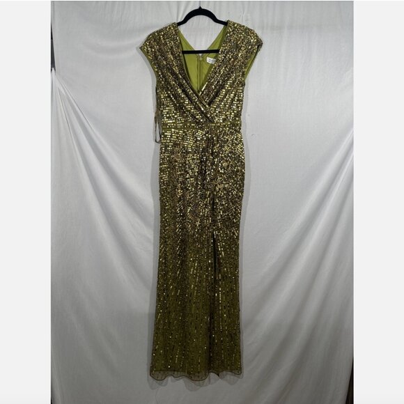NWT $598 Mac Duggal [ 2 ]‎ Sequined Faux Wrap Cap Sleeve Gown Olive Green #Q714 - Picture 10 of 16